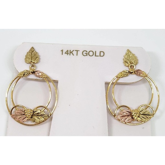 BLACK HILLS GOLD MULTI-TONE LEAVES & GRAPES HOOP EARRINGS - 10K,12K,14K 3.7grams - Picture 1 of 8